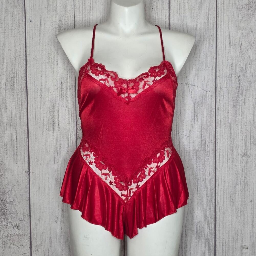 VTG 80s 90s Petra Fashions Red Satin Lace Teddy Bodysuit Lingerie Romper, Sz L